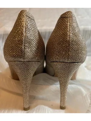Lauren Lorraine Gold Pump Heels Bow Glitter Peep Toe Slip On Size 9 thumbnail 4