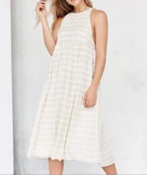 KIMCHI BLUE Size S Gingham White Beige Plaid Linen Cotton Pinafore Dress Snaps thumbnail 1