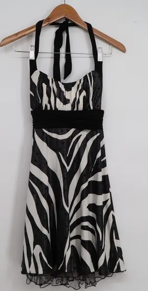 Xtraordinary Zebra Print Halter Dress Black White Glitter Tulle Hem Medium USA thumbnail 1