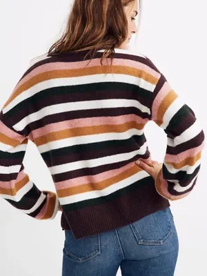 Madewell Women’s Payton Sweater Balloon Sleeve Stripe Cozy Wool Blend, Large thumbnail 2