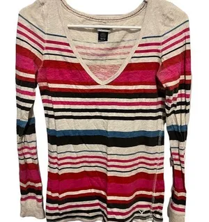 American eagle striped vneck long sleeve shirt size medium thumbnail 1