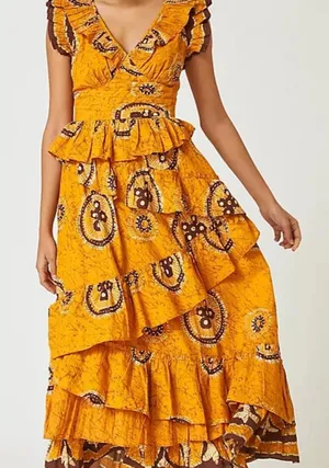 Anthropologie Love the Label Adrienne Gold Yellow Ruffled Boho Maxi Dress Medium thumbnail 1