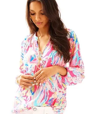 Lilly Pulitzer Elsa Silk Top Sunken Treasure Dragonfruit Print Blouse Size S thumbnail 1