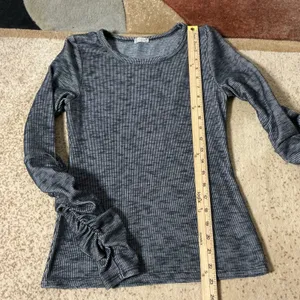 Free People Ruched Sleeve Striped Top Women Small Grey Space Dye Ribbed Knit Tee thumbnail 2