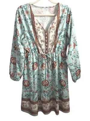 Bohemian Floral Long Sleeve Peasant Dress XL‎ Cottagecore Turquoise Rust Hippie thumbnail 1