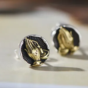 925 Silver Plated Praying Hands Stud Earrings for Men Women,Punk Hip Hop Earrings thumbnail 1