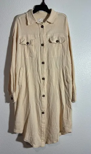 Oli & Hali Size M Cream Double Gauze Button-Up Shirt Dress Shacket Raw Hem thumbnail 1