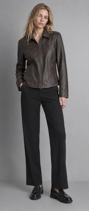 Wilsons Leather Brown Lambskin Zip Jacket Womens Large Y2K Minimalist Coat thumbnail 1