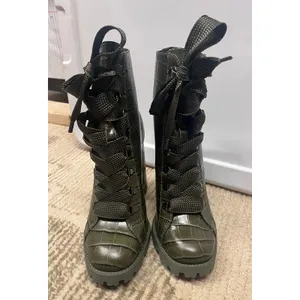 Schutz NEW $158 Zhara Green Croc Embossed Leather Lace Up Chunky Booties Sz‎ 8B thumbnail 3