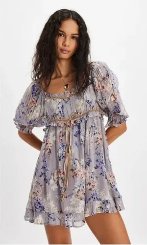 NWOT Free People Marney Mini Dress Floral Printed Puff Sleeve Ribbon thumbnail 1