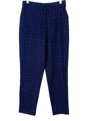 FRNCH Navy Plaid Straight Leg Crop Pants, EUC, Medium, thumbnail 1