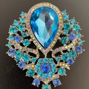 Large Royal Blue & Aqua Rhinestone Statement Brooch Pin Dangle Teardrop thumbnail 4