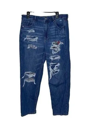 American Eagle Mom Straight Jean Blue Jeans Denim Ripped Plaid Patch Size 16 thumbnail 1