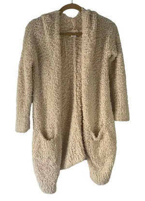 London Kaye Women's Size Small Cream Sherpa Open Front Pocket‎ Cardigan Sweater thumbnail 1