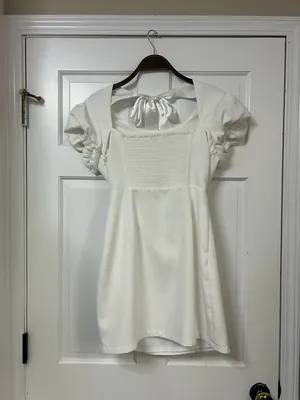TCEC White Puff-Sleeve Mini Dress with Satin Back Tie thumbnail 2