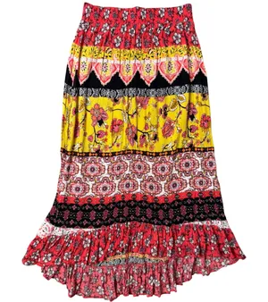 BOHO Patchwork Tiered‎ High Low Maxi Skirt Floral Ruffle Peasant Gypsy Size XS thumbnail 1