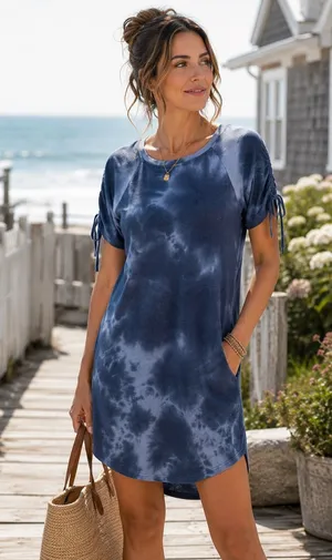 NWOT Cupio Blue Tie Dye Ruched Sleeve T-Shirt Dress Medium thumbnail 1