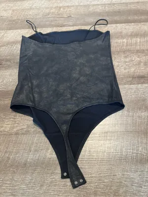 Abercrombie & Fitch Black Faux-Leather Bodysuit with Spaghetti Straps thumbnail 3