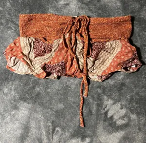American Eagle Rust and Cream Patchwork Ruffle Crop Top thumbnail 1