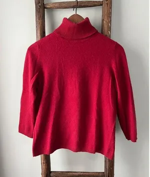 Ann Taylor Cashmere Turtleneck Sweater 3/4 Sleeve Red Size M thumbnail 1