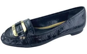 Ralph Lauren Women's Black Gold Logo Croc Leather Chain Slip On Loafers Shoes 6M thumbnail 1