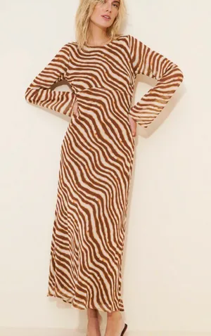 Ownley Valentina Brown Zebra Animal Print Open Back Long Sleeve Maxi Dress M thumbnail 1