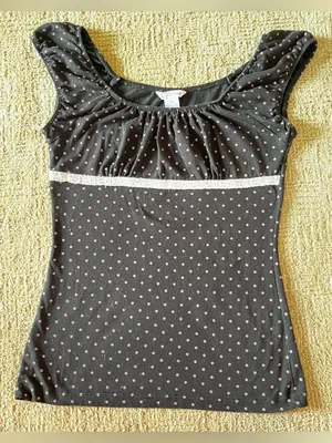 Y2K Black Pink Polka Dot Lace Trim Scoop Neck babydoll Top thumbnail 1