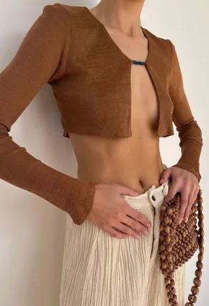 NWT Savannah Morrow Birdie Top in Cocoa Brown Cropped Long Sleeve Size Small thumbnail 1