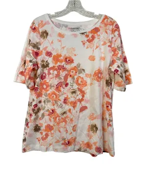 Croft & Barrow Womens Large Orange‎ Floral Cotton Short Sleeve Crew Neck T-Shirt thumbnail 1