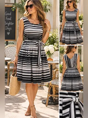 Robbie Bee Striped Belted Fit & Flare Dress Size 12 thumbnail 2