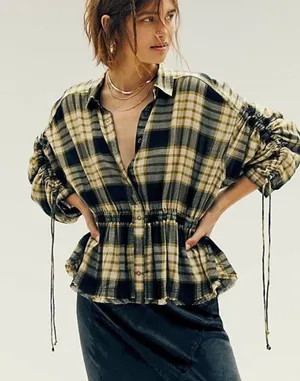 Free‎ People Pacific Dawn Plaid Shirt black green tan sz L thumbnail 1