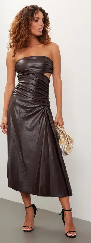 ALC Frank Brown Faux Leather Sleeveless Strapless Ruched Side Cutout Andie Dress 8 thumbnail 1