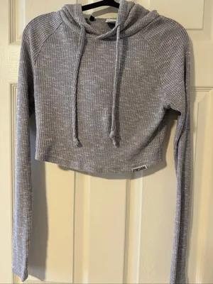 Gymshark Grey Marl Ribbed Knit Cropped Hoodie Women’s Medium Thumbholes thumbnail 1