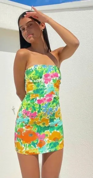 With Jean Womens Dress Green Lala Splice Floral Mini Strapless Tube Boho Large thumbnail 1