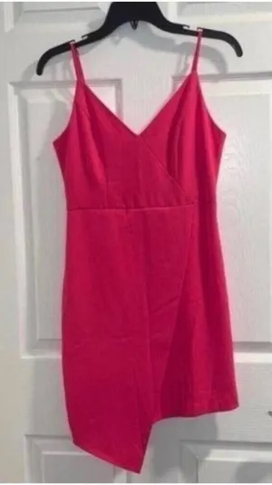 ✅NWT Do+Be Pink Spaghetti Strap Asymmetric Hem Fitted Hot Pink Dress thumbnail 1