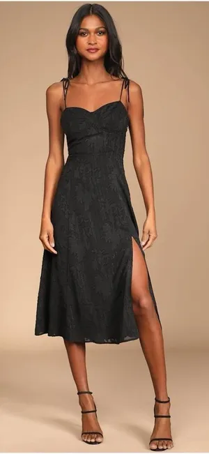 LULU’S Loveliest Looks Black Floral Jacquard Tie-Strap Midi Dress thumbnail 1