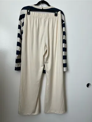 Cream Wide-Leg Pants with Navy Stripe Top — Casual Two-Piece Set thumbnail 2