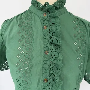 Sézane Louisah Green Organic Cotton Eyelet Ruffle Mock Neck Blouse Size 34 / 2 thumbnail 5