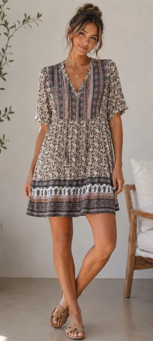 Knox‎ Rose Floral Boho Tassel Mini Dress Small Rayon Lined Cottagecore Earthy thumbnail 1