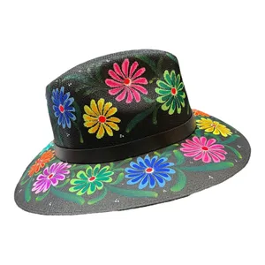 HAT MEXICAN Artisanal Hand Painted Fedora Floral Sombrero Panama Bohemian Black thumbnail 3