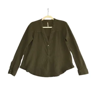 FREE PEOPLE Changing Horizons V Neck Top Sz S Olive Green Gauze Oversize Boho thumbnail 3