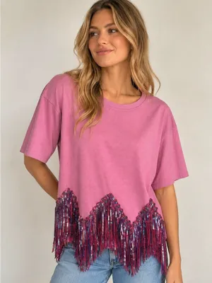 Fantastic Fawn Sequin Fringe Top L Pink Cotton Festival Concert Western Eras thumbnail 1