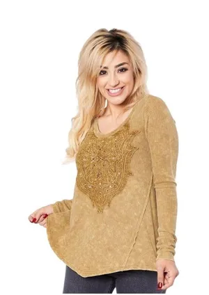 Affliction Long Sleeve Waffle Knit Top Mustard Size L Y2K Casual Punk Neutral thumbnail 1