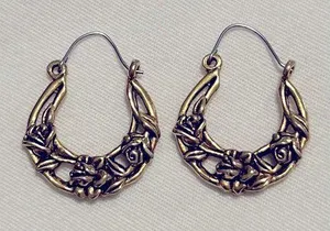 Vintage Pierced Gold Tone U Shape Hanging Earrings with Rose Design thumbnail 1