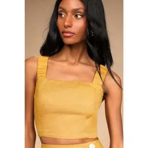 Lulus 100% Linen “Caught in Cannes" Mustard Cutout Cropped Tank Top Sz M Indie thumbnail 2