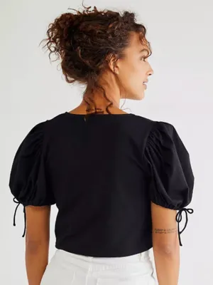 Free People Kitty Tee Black Cropped Puff Sleeve Tiered Tie-Front Closure Size XS thumbnail 14