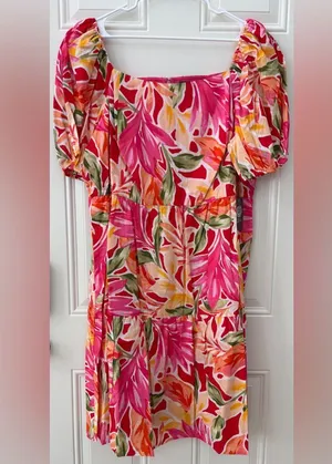 NWT Vince Camuto Size 22W Pink Multi Floral Print Puff Short Sleeve Midi Dress thumbnail 1