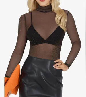 MANGOPOP NEW Mesh Tops Long Sleeve Glitter Sheer Stretchy Sparkly Shirt XS thumbnail 1