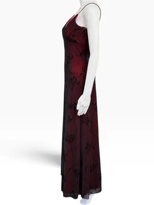 Vintage Cache 90s Burgundy Black Beaded Mesh Maxi Dress Whimsigoth Goth Vampy thumbnail 3
