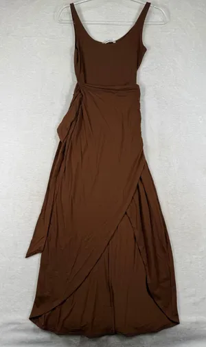 Reformation Brown Tencel Wrap Midi Dress Scoop Neck Sleeveless XS Made in USA thumbnail 1